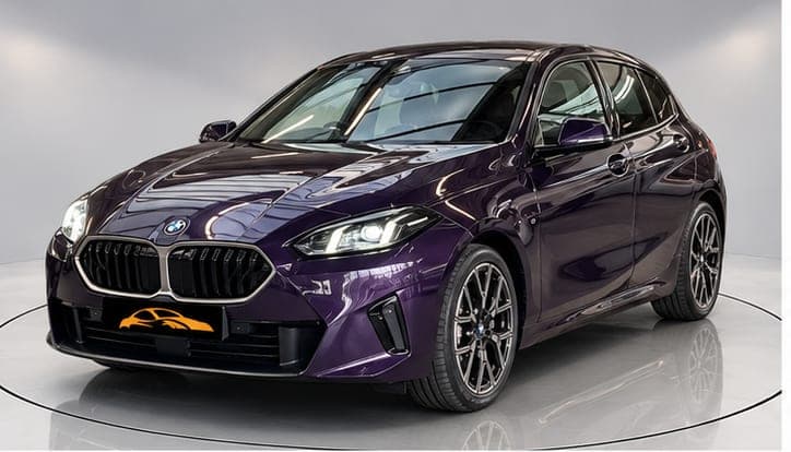 BMW 1 Series 120i Sport in purple, front three-quarter view